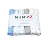 MuslinZ Muslin Squares - Muslin Cloths for Baby - Baby Burp Cloths - 6 Pack Muslins - Large 70x70cm - Cotton - Absorbent & Breathable - Multi Use Newborn Cloths (Bright Blue And Grey Mix)