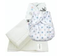 MuslinZ Reusable Cloth Nappy Bundle, Size 1 (Newborn to 6 Months), 2 x PUL Wrap/Covers with Double Gusset + 6 x 100% Cotton Muslin Prefolds (Blue Stars/Elephants)
