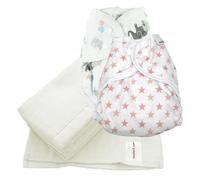 MuslinZ Reusable Cloth Nappy Bundle, Size 1 (Newborn to 6 Months), 2 x PUL Wrap/Covers with Double Gusset + 6 x 100% Cotton Muslin Prefolds (Pink Stars/Elephants)