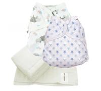MuslinZ Reusable Cloth Nappy Bundle, Size 2 (Approx 6m-Potty), 2 x PUL Wrap/Covers with Double Gusset + 6 x 100% Cotton Muslin Prefolds (Blue Star/Elephants)