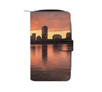 MUSM Boston Charles River City Skyline Sunset Leather Wallet，Bifold Clutch Billfold，Large Capacity Luxury Wallets for Everyday Use