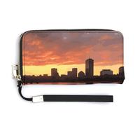 MUSM Boston Charles River City Skyline Sunset Long Wallet Zip Around Wallet Handbag with Wrist Strap Large Capacity Phone Purse