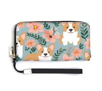 MUSM Corgi Floral Flowers Spring Garden Long Wallet Zip Around Wallet Handbag with Wrist Strap Large Capacity Phone Purse