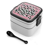 MUSM Double Layer Lunch Box with Handle- 1000ml Stackable Food Container with Dividers, Leakproof Peach Leopard Print Bento Box for Office, Picnic & Travel