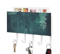 MUSM Ghost in The Castle Key Holder Wall Mounted with 5 Hooks & Mail Organizer, Self-Adhesive PU Leather Key Hook Vintage Keys Rack for Entryway, Hallway, Bathroom