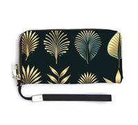 MUSM Golden Palm Leaves Long Wallet Zip Around Wallet Handbag with Wrist Strap Large Capacity Phone Purse