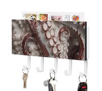 MUSM Octopus Tentacles Pictures Key Holder Wall Mounted with 5 Hooks & Mail Organizer, Self-Adhesive PU Leather Key Hook Vintage Keys Rack for Entryway, Hallway, Bathroom
