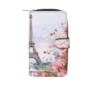 MUSM Paris Eiffel Tower with Flowers Leather Wallet，Bifold Clutch Billfold，Large Capacity Luxury Wallets for Everyday Use