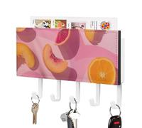 MUSM Peach and Orange Slices Key Holder Wall Mounted with 5 Hooks & Mail Organizer, Self-Adhesive PU Leather Key Hook Vintage Keys Rack for Entryway, Hallway, Bathroom