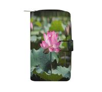 MUSM Pink Lotu Flowers Long Wallet for Women Men Bifold Wallets with Zipper Multifunctional Leather Wallets Large Billfold Wallet Fashion Coin Purse Slim Credit Card Holder