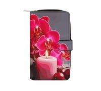 MUSM Pink Orchid Stone Red Candles Leather Wallet，Bifold Clutch Billfold，Large Capacity Luxury Wallets for Everyday Use