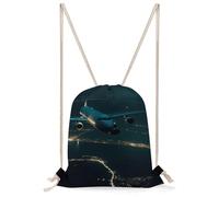 MUSM Plane Flying at Night Drawstring Backpack for Women Men - 13.8"x19.7" Lightweight Cinch Bag Large Capacity Gym Drawstring Bag Aesthetic Sackpack Sports Backpack for Travel, Beach
