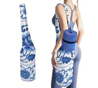 MUSM Portable Yoga Mat Bag with Pocket - Durable Canvas Gym Tote for Women & Men, Multi-Functional Storage Bag Blue White Porcelain Yoga Mat Carrier Bag for Gym, Home, Travel