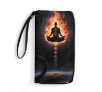 MUSM PU Leather Wallet with Wrist Strap, Zip Around Wallet 4 Card Slots & Zippered Coin Pocket, Blacklight Seven Chakra Yoga Meditation Clutch Purse for Travel, Gifts, Lightweight & Secure
