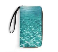 MUSM PU Leather Wallet with Wrist Strap, Zip Around Wallet 4 Card Slots & Zippered Coin Pocket, Blue Aqua Pool Water Clutch Purse for Travel, Gifts, Lightweight & Secure