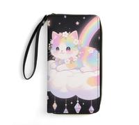 MUSM PU Leather Wallet with Wrist Strap, Zip Around Wallet 4 Card Slots & Zippered Coin Pocket, Cat on The Cloud Clutch Purse for Travel, Gifts, Lightweight & Secure