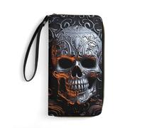 MUSM PU Leather Wallet with Wrist Strap, Zip Around Wallet 4 Card Slots & Zippered Coin Pocket, Cool Skull Graphics Clutch Purse for Travel, Gifts, Lightweight & Secure