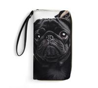 MUSM PU Leather Wallet with Wrist Strap, Zip Around Wallet 4 Card Slots & Zippered Coin Pocket, Cute Black Pug Dog Clutch Purse for Travel, Gifts, Lightweight & Secure