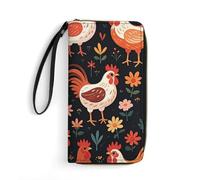MUSM PU Leather Wallet with Wrist Strap, Zip Around Wallet 4 Card Slots & Zippered Coin Pocket, Cute Rooster Chickens Clutch Purse for Travel, Gifts, Lightweight & Secure