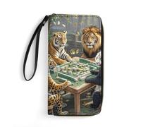 MUSM PU Leather Wallet with Wrist Strap, Zip Around Wallet 4 Card Slots & Zippered Coin Pocket, Divine Beasts Playing Mahjong Clutch Purse for Travel, Gifts, Lightweight & Secure
