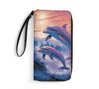 MUSM PU Leather Wallet with Wrist Strap, Zip Around Wallet 4 Card Slots & Zippered Coin Pocket, Dolphins Art Clutch Purse for Travel, Gifts, Lightweight & Secure
