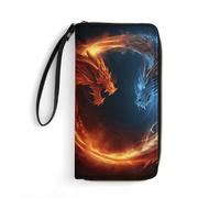 MUSM PU Leather Wallet with Wrist Strap, Zip Around Wallet 4 Card Slots & Zippered Coin Pocket, Fire And Ice Dragons Clutch Purse for Travel, Gifts, Lightweight & Secure