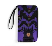 MUSM PU Leather Wallet with Wrist Strap, Zip Around Wallet 4 Card Slots & Zippered Coin Pocket, Halloween Flying Bats Moon Clutch Purse for Travel, Gifts, Lightweight & Secure