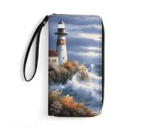 MUSM PU Leather Wallet with Wrist Strap, Zip Around Wallet 4 Card Slots & Zippered Coin Pocket, Lighthouse Diamond Painting Clutch Purse for Travel, Gifts, Lightweight & Secure