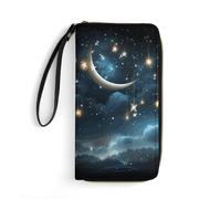 MUSM PU Leather Wallet with Wrist Strap, Zip Around Wallet 4 Card Slots & Zippered Coin Pocket, Nightsky Hanging Moon Stars Clutch Purse for Travel, Gifts, Lightweight & Secure