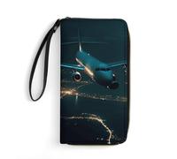 MUSM PU Leather Wallet with Wrist Strap, Zip Around Wallet 4 Card Slots & Zippered Coin Pocket, Plane Flying at Night Clutch Purse for Travel, Gifts, Lightweight & Secure