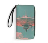 MUSM PU Leather Wallet with Wrist Strap, Zip Around Wallet 4 Card Slots & Zippered Coin Pocket, Retro Flying Saucer Clutch Purse for Travel, Gifts, Lightweight & Secure