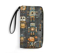 MUSM PU Leather Wallet with Wrist Strap, Zip Around Wallet 4 Card Slots & Zippered Coin Pocket, Retro Style Robot Clutch Purse for Travel, Gifts, Lightweight & Secure