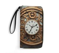 MUSM PU Leather Wallet with Wrist Strap, Zip Around Wallet 4 Card Slots & Zippered Coin Pocket, Rusty Steampunk Clock Clutch Purse for Travel, Gifts, Lightweight & Secure