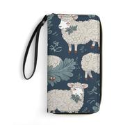MUSM PU Leather Wallet with Wrist Strap, Zip Around Wallet 4 Card Slots & Zippered Coin Pocket, Sheep And Holly Tree Clutch Purse for Travel, Gifts, Lightweight & Secure