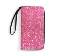 MUSM PU Leather Wallet with Wrist Strap, Zip Around Wallet 4 Card Slots & Zippered Coin Pocket, Sparkling Pink Glitter Clutch Purse for Travel, Gifts, Lightweight & Secure
