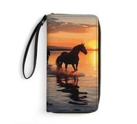 MUSM PU Leather Wallet with Wrist Strap, Zip Around Wallet 4 Card Slots & Zippered Coin Pocket, Sunsets Lake Horses Clutch Purse for Travel, Gifts, Lightweight & Secure