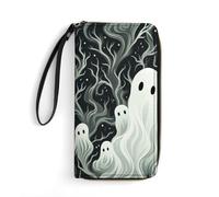 MUSM PU Leather Wallet with Wrist Strap, Zip Around Wallet 4 Card Slots & Zippered Coin Pocket, White Patterned Ghost Clutch Purse for Travel, Gifts, Lightweight & Secure