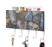 MUSM Rocks and Pebbles Key Holder Wall Mounted with 5 Hooks & Mail Organizer, Self-Adhesive PU Leather Key Hook Vintage Keys Rack for Entryway, Hallway, Bathroom