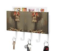 MUSM Skeleton with Red Eyes Key Holder Wall Mounted with 5 Hooks & Mail Organizer, Self-Adhesive PU Leather Key Hook Vintage Keys Rack for Entryway, Hallway, Bathroom