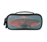 MUSM Small Makeup Bag with Handle - Durable PU Leather & Oxford Fabric Portable Mini Cosmetic Case Makeup Brush Holder for Women, Retro Flying Saucer Pencil Case for Travel Office