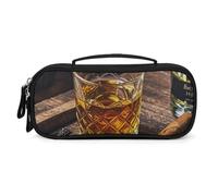 MUSM Small Makeup Bag with Handle - Durable PU Leather & Oxford Fabric Portable Mini Cosmetic Case Makeup Brush Holder for Women, Whisky And Cigar Pencil Case for Travel Office
