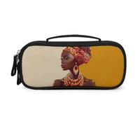 MUSM Small Makeup Bag with Handle - Durable PU Leather & Oxford Fabric Portable Mini Cosmetic Case Makeup Brush Holder for Women, Traditional African Girl Painting Pencil Case for Travel Office