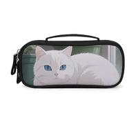 MUSM Small Makeup Bag with Handle - Durable PU Leather & Oxford Fabric Portable Mini Cosmetic Case Makeup Brush Holder for Women, Cute Kitty Cat Pencil Case for Travel Office