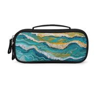 MUSM Small Makeup Bag with Handle - Durable PU Leather & Oxford Fabric Portable Mini Cosmetic Case Makeup Brush Holder for Women, Waves on The Beach Pencil Case for Travel Office