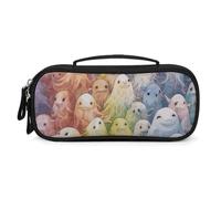 MUSM Small Makeup Bag with Handle - Durable PU Leather & Oxford Fabric Portable Mini Cosmetic Case Makeup Brush Holder for Women, Little Ghost Rainbow Pencil Case for Travel Office