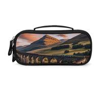 MUSM Small Makeup Bag with Handle - Durable PU Leather & Oxford Fabric Portable Mini Cosmetic Case Makeup Brush Holder for Women, Sunset over Elevated Bridge Pencil Case for Travel Office