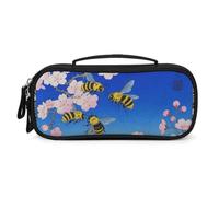 MUSM Small Makeup Bag with Handle - Durable PU Leather & Oxford Fabric Portable Mini Cosmetic Case Makeup Brush Holder for Women, Bumble Bees Print Pencil Case for Travel Office