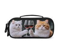 MUSM Small Makeup Bag with Handle - Durable PU Leather & Oxford Fabric Portable Mini Cosmetic Case Makeup Brush Holder for Women, Brown Cat And White Cat Pencil Case for Travel Office