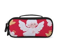MUSM Small Makeup Bag with Handle - Durable PU Leather & Oxford Fabric Portable Mini Cosmetic Case Makeup Brush Holder for Women, Angel Wing Halo Pencil Case for Travel Office