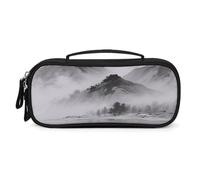 MUSM Small Makeup Bag with Handle - Durable PU Leather & Oxford Fabric Portable Mini Cosmetic Case Makeup Brush Holder for Women, Ink Painting Landscape Pencil Case for Travel Office